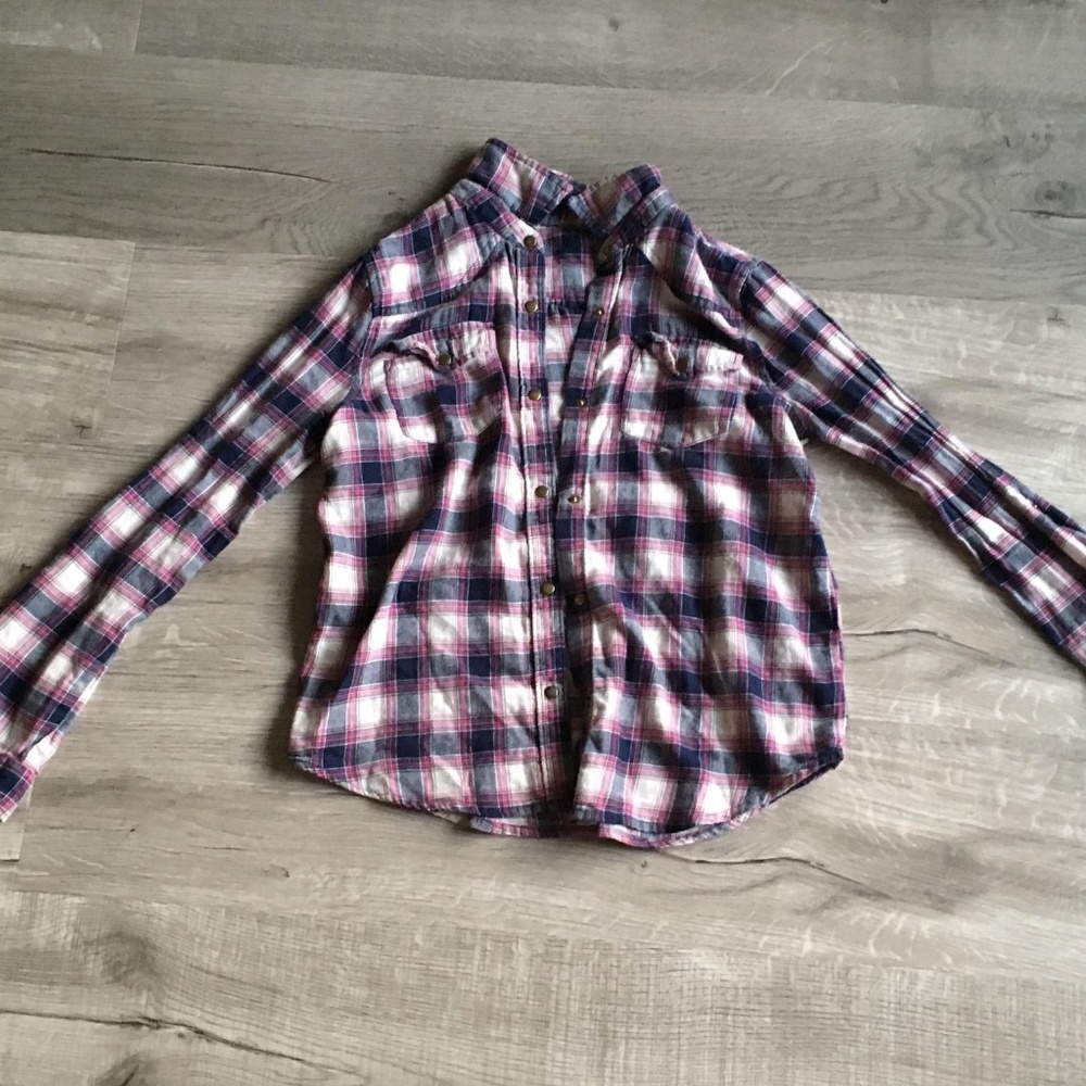 Red, white, and blue flannel shirt